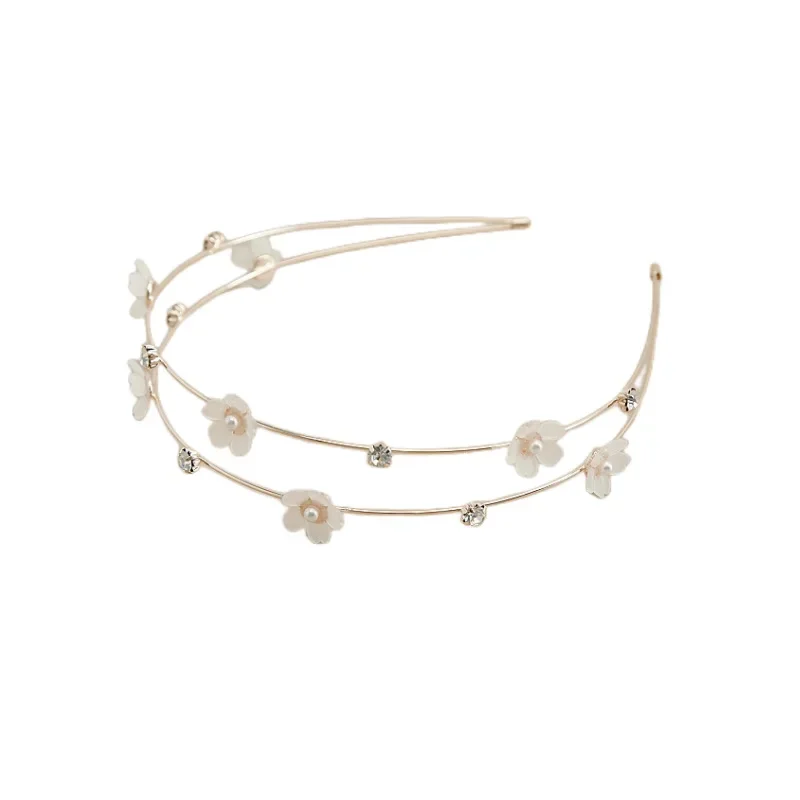 New Double Layer Metal Hairband Flower Pearl Headband for Women Headwear Shiny Rhinestone Hair Band Hoop Hair Accessories