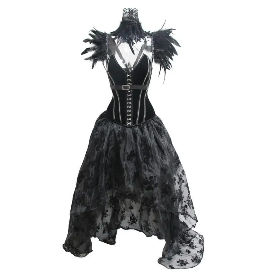 Ensemble moulant en velours Bla, jupe gothique longueur au sol, Punk k scène ow, col en plumes, Costume d'élégance pour femmes