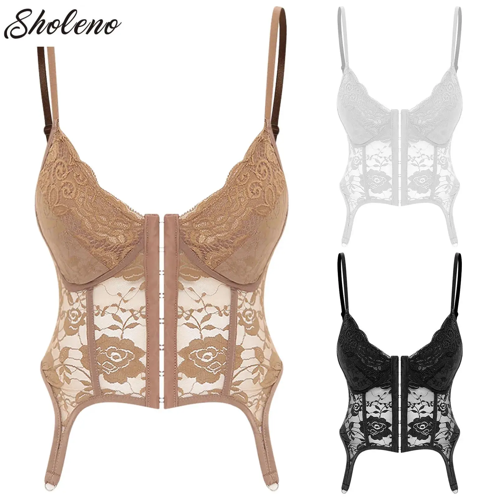 

Sexy Gothic Lace Slim Crop Top Spaghetti Strap Sheer Backless Camisole Vest Fishbone Corset Lingerie Rave Parties Club Wear