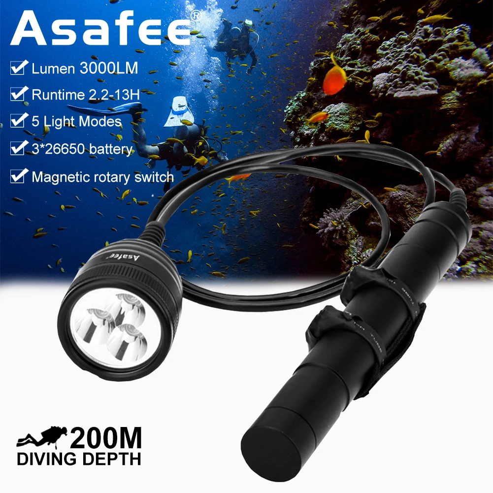 Asafee DIV10 Canister Technical Diving Light Professional Waterproof LED Scuba Dive Torch Light Split Powerful Diver Main Light