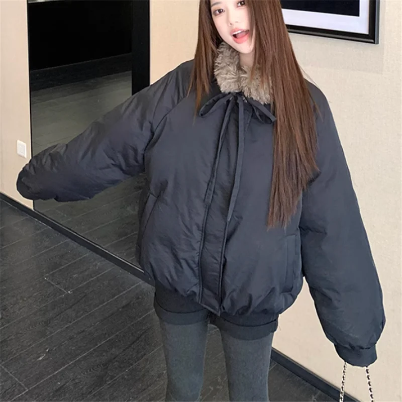

Korean Chic Warm Strap Fur Collar Loose Short Parka Bomber Jacket New Winter Fashion Women Chic Bread Coat Casual Thick Overcoat
