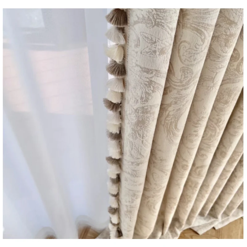 Modern Romantic French Luxury Curtains for Living Room Bedroom Beige Embroidery Chenille Curtain Blackout Curtains Lace Tulle