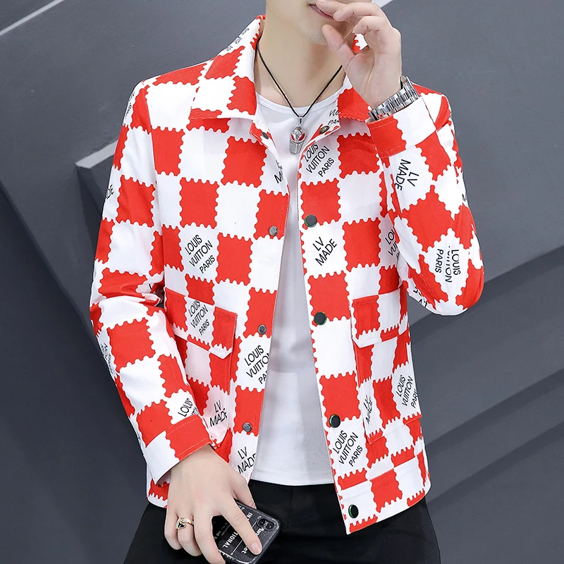 Spring Autumn Men\'s Lapel New Corduroy Jacket check pattern Fit Coat Streetwear Men FashionColor Block Jacket