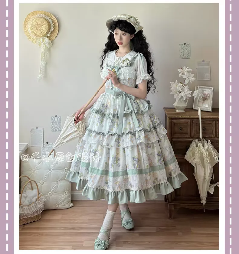Kawaii Grape Print Princess Dress with Ruffles Bow Vintage Victorian Style Evening Party Sweet Elegant Lolita Jsk Dress for Wome view 6