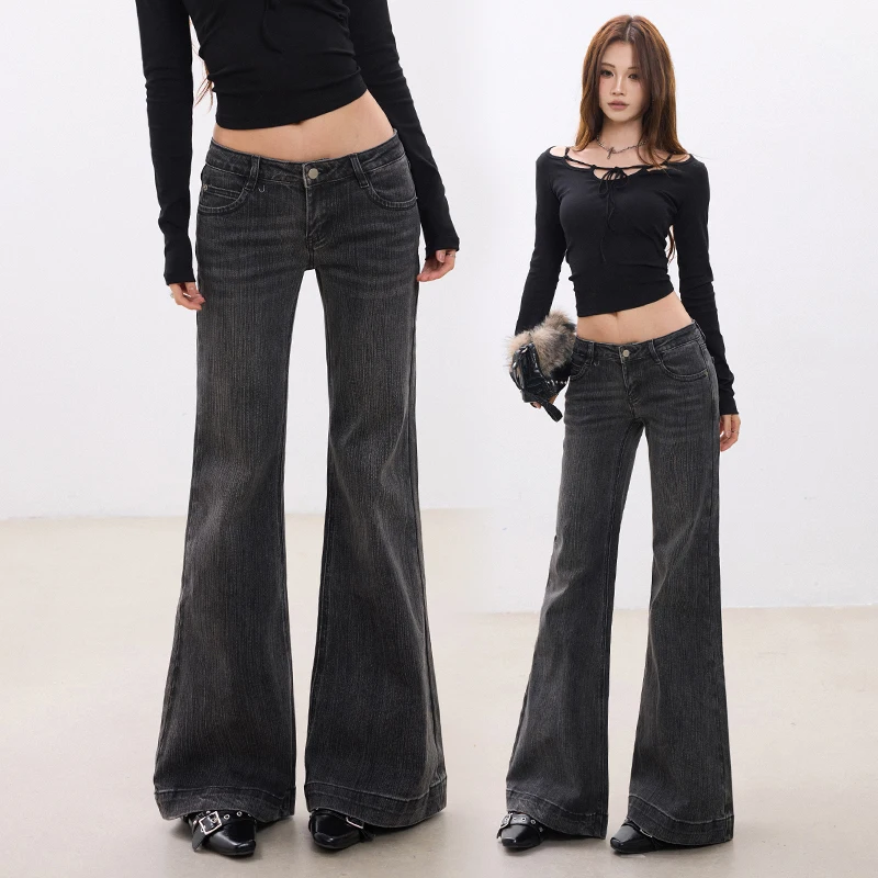 Y2K Hot Girl Low Rise Micro Flare Jeans Women Heavy Slub Dark Grey Wash Stretch Slim Floor Streetwear Bottoms
