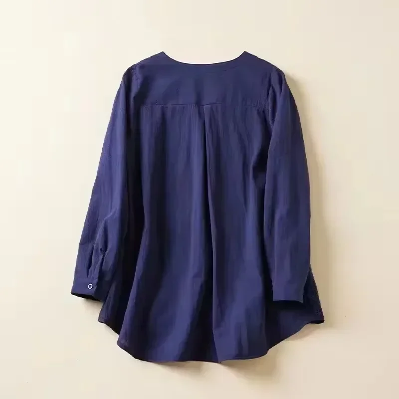 2024 Hot Sale Women Cotton Linen Blouse V Neck Embroidery Lace Tops Long Sleeve Loose White Elegant Shirt Plus Size Casual