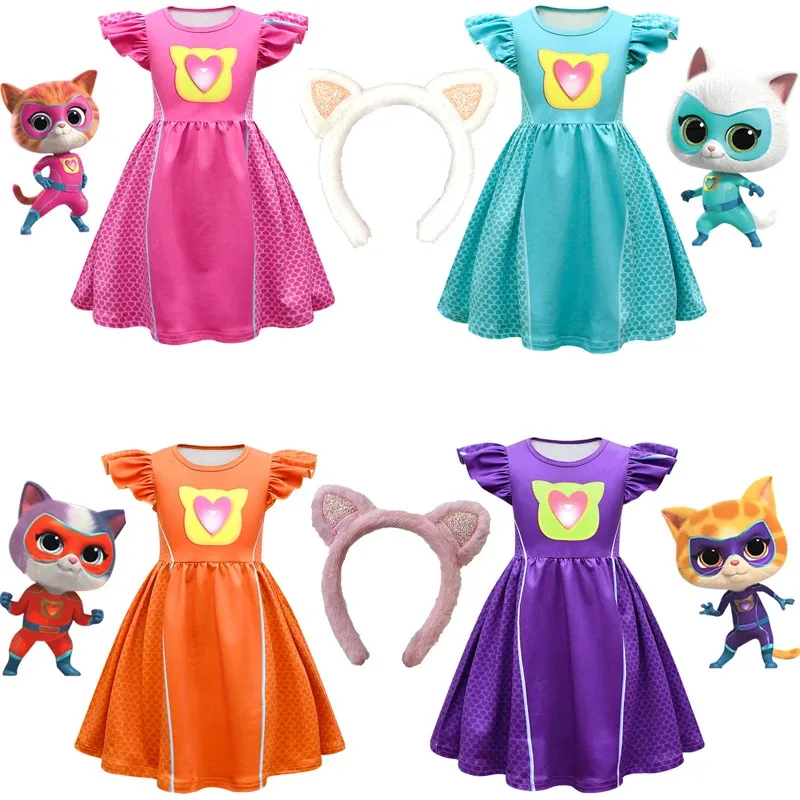 Детские платья, платья для косплея Super Kitties для SuperKitties, костюм для девочек, платье трапециевидной формы с летящими рукавами, сумкой и повязкой на голову