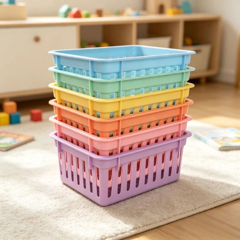 Macaron Plastic Storage Baskets Colorful Desk Organizer Bin Office Classroom Stationery Makeup Durable Box for Home Organization