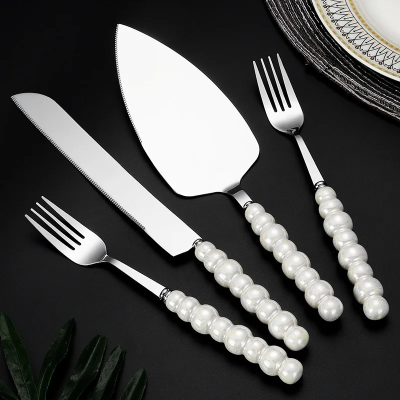 

Light Luxury Stainless Steel Cake Knife Shovel Set Pearl Ceramic Handle Pizza Spatula Dessert Fork