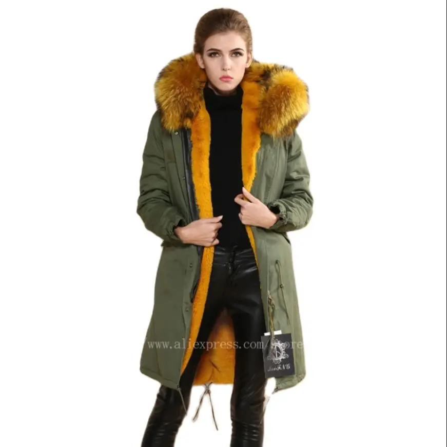 

Trendy Hooded Parka With Yellow Faux Fur Lining And Raccoon Fur Collar Trimming Fur Overcoat For Women