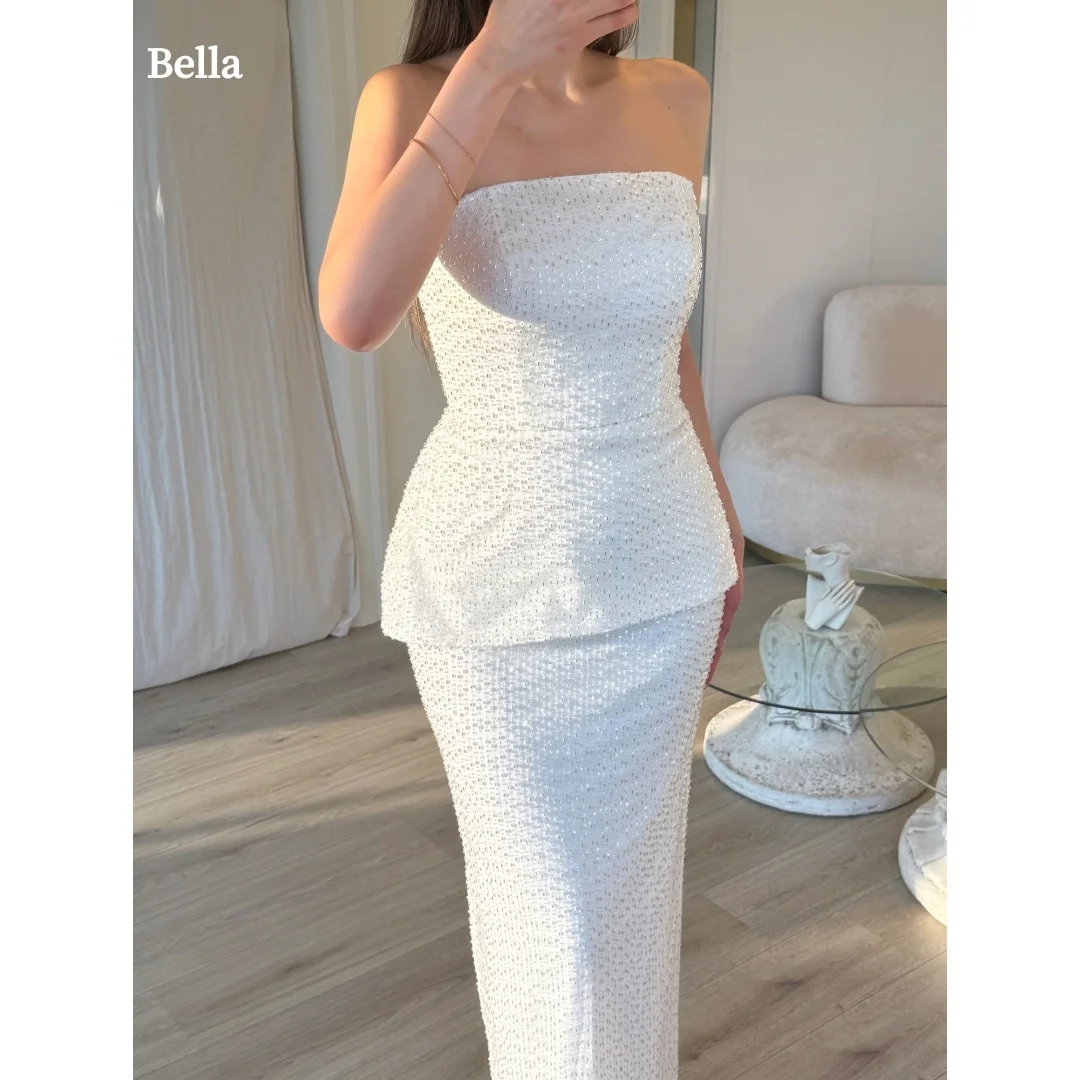 Bella Personalizowane Białe Sukienki Wieczorowe Bez Ramiączek, Bez Pleców, Z Koralikami, Bez Rękawów, Dwuczęściowy Zestaw, Sukienki na Imprezę, Sukienki Balowe do Ziemi
