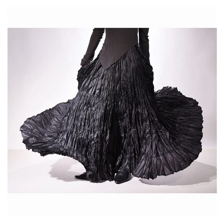High Quality Women Spring Long Skirts Wide Hem Pleated Design High Waist A-Line Dance Maxi Skirts Faldas Femme Streetwear