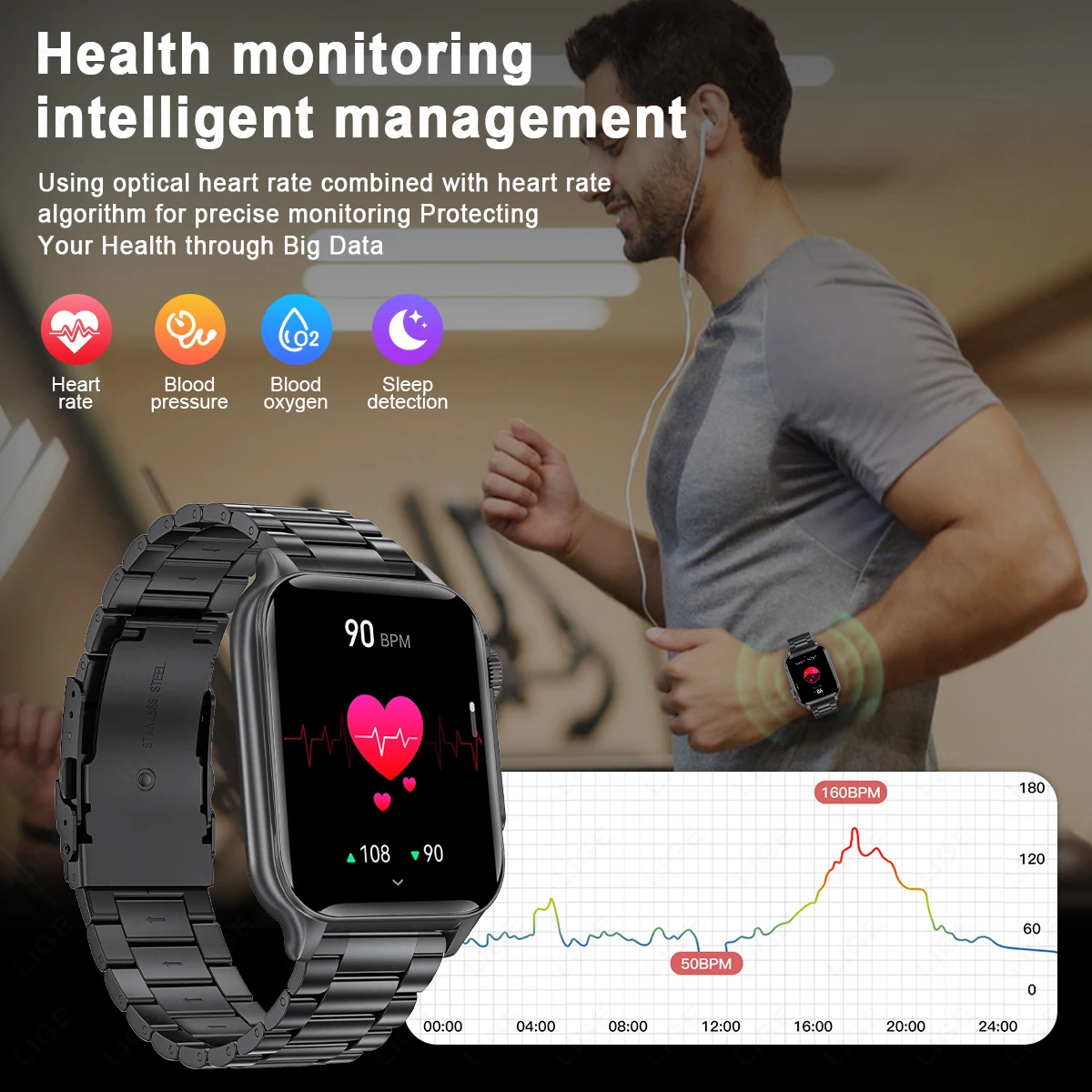 LIGE 1.96\'\' HD Screen Men Smart Watch LED Flashlight Outdoor Sport Smartwatch Heart Rate Alarm Function Health Bracelet 2024 New