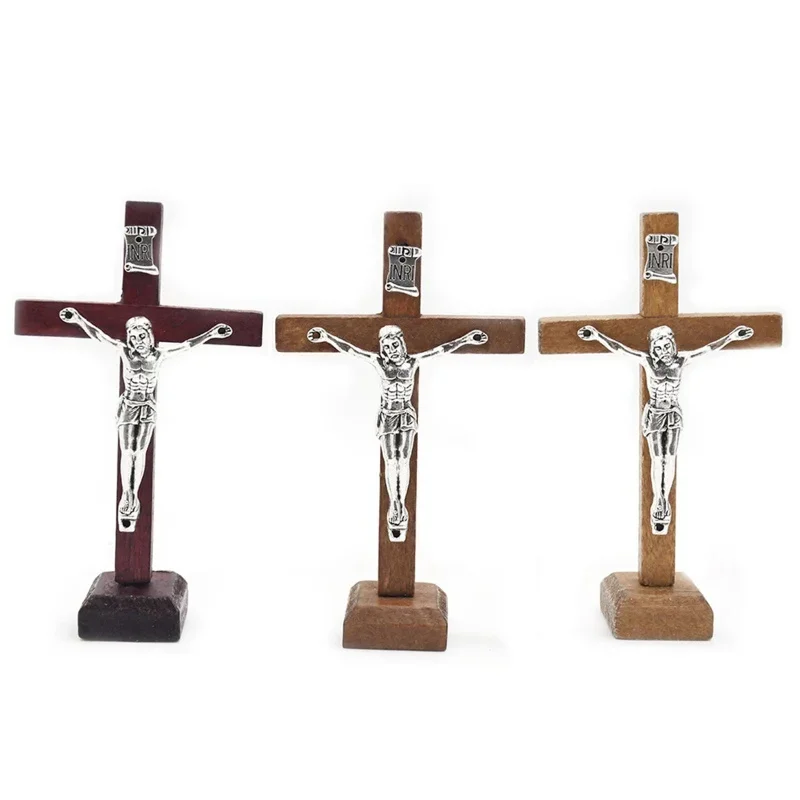 1pc Holz katholischen Jesus Kreuz mit Stand Vintage religiösen christlichen stehenden Kruzifix Kirche Home Regal Tischplatte Ornamente