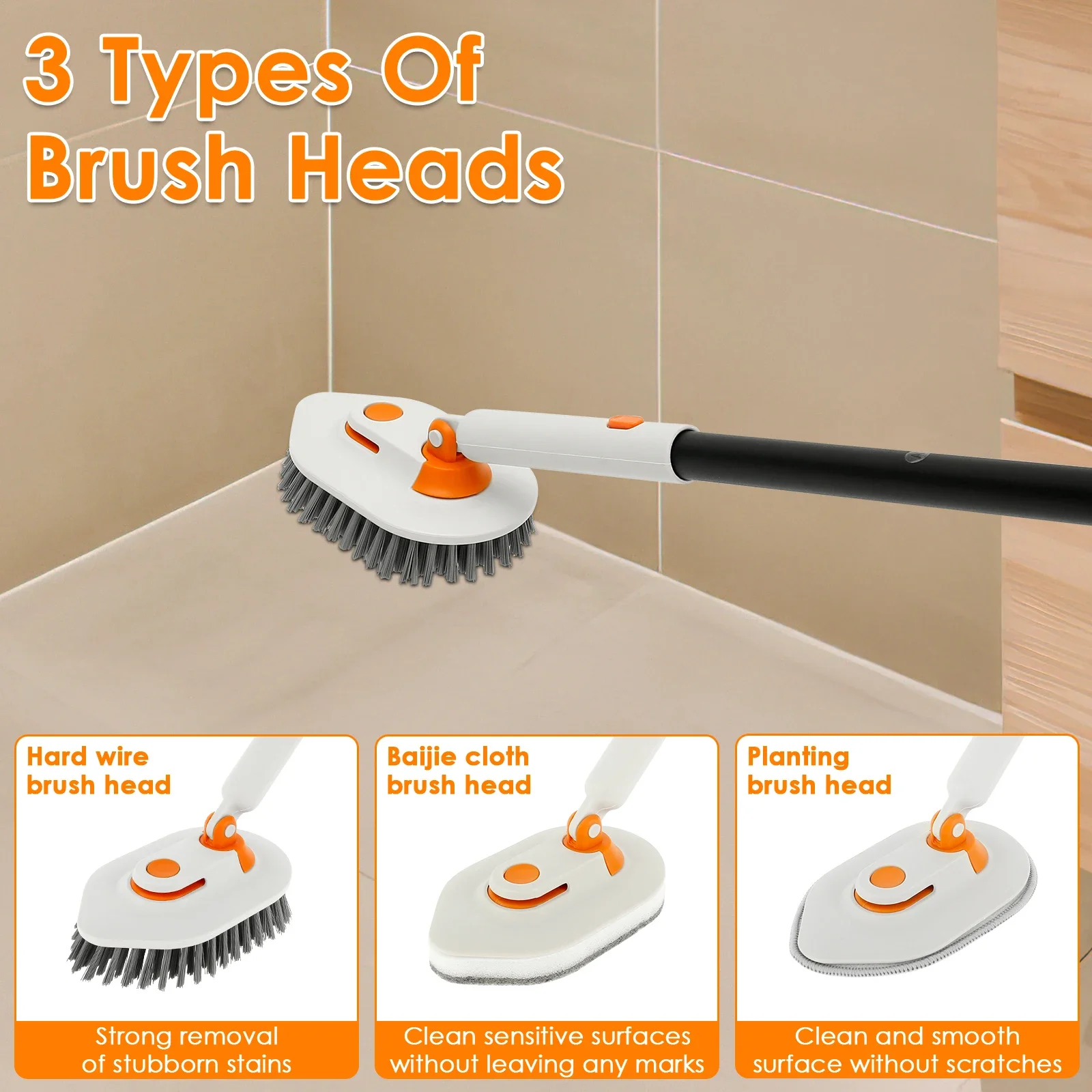 Scrub Cleaning Brush with Extendable Handle Rotatable Bathroom Shower Cleaning Tub Tile Scrubber Brush Household Cleaning Brush