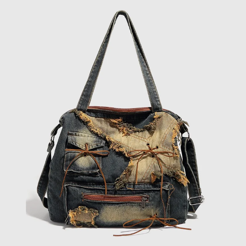 

2025 модная женская джинсовая сумка-тоут в стиле ретро, большая вместительная сумка, модная универсальная сумка на плечо с бантом и узлом, украшения, сумки, сумка для подмышек