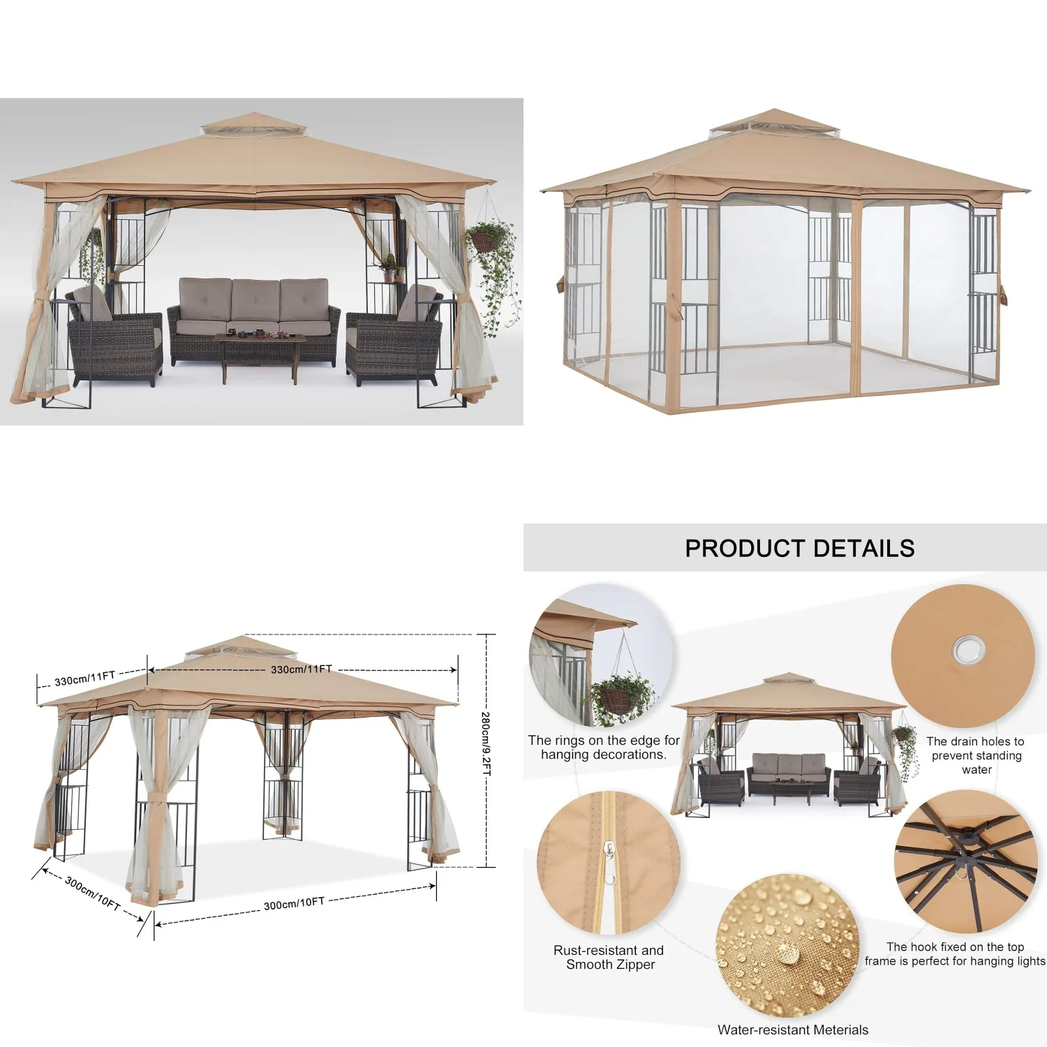 

Patio Gazebo with Netting Screen Walls for Lawn, Garden, Backyard and Deck Gray (11x11,Beige), Customized