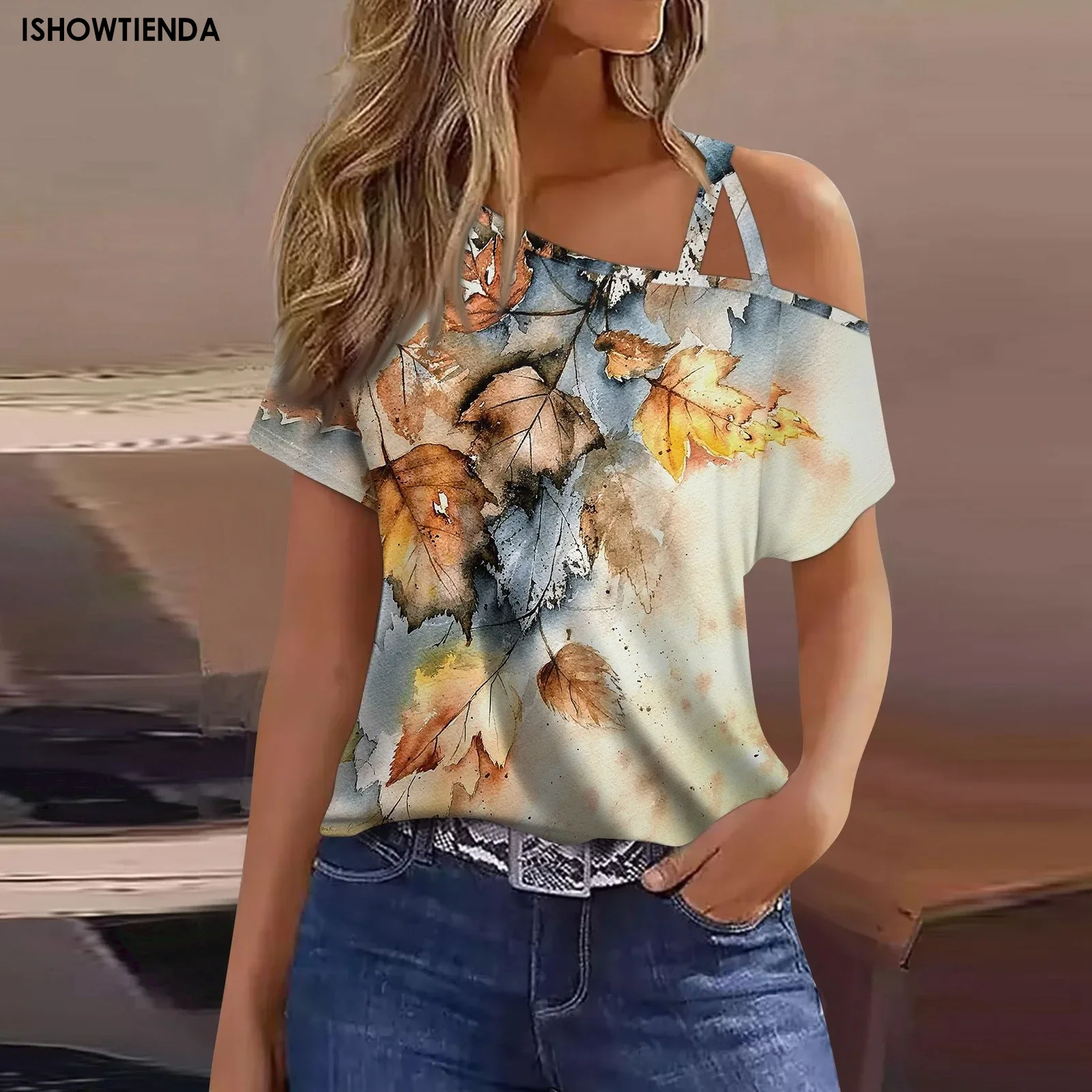 

Топ с коротким рукавом, одежда, топ с принтом, Сексуальная футболка с открытыми плечами и коротким рукавом, топ, сексуальный женский топ, рубашка, летняя блузка с открытыми плечами