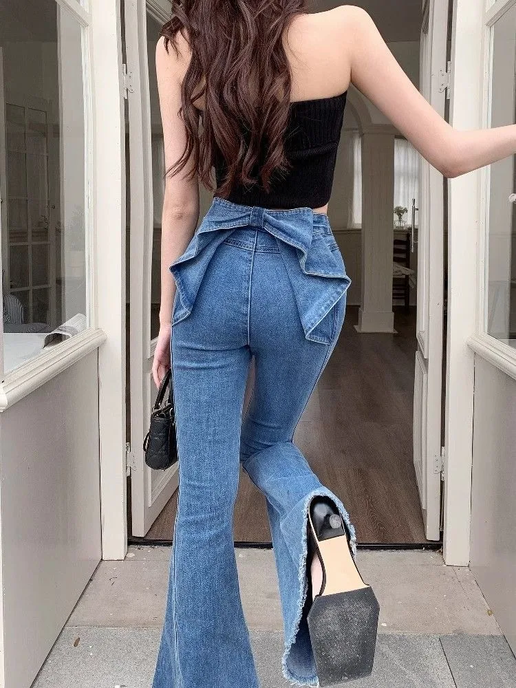 Bow Tie Jeans Women's American Vintage Three-dimensional Micro-large Summer Thin Pants New High-waisted Skinny Hip Flare Pants
