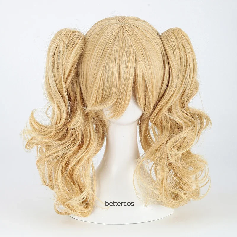 Harley Cosplay Wigs Short Golden Blonde Mix Curly With Chip Ponytails Heat Resistant Synthetic Hair Wig   Wig Cap