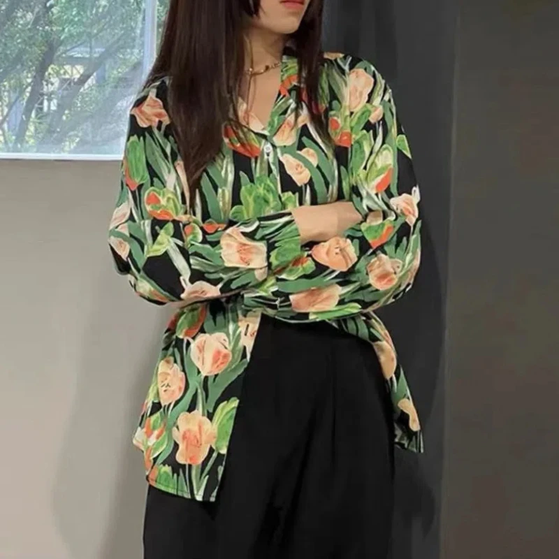 Fashion Casual 2024 Summer New Blouses Women Spliced Printed Plant&Flowers V-Neck Loose Retro Long Sleeve Single-breasted Shirts