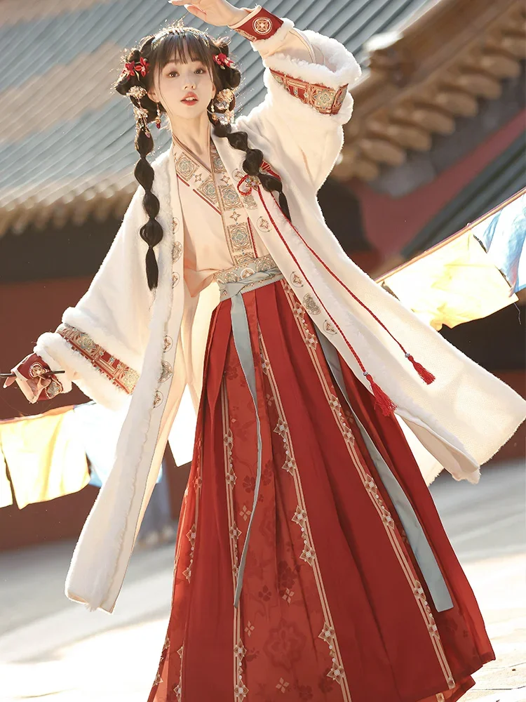 Song Dynasty Hanfu Women's Autumn and Winter Chinese Style Thickened Pair Long Jacket Pleated Skirt Commuter Daily