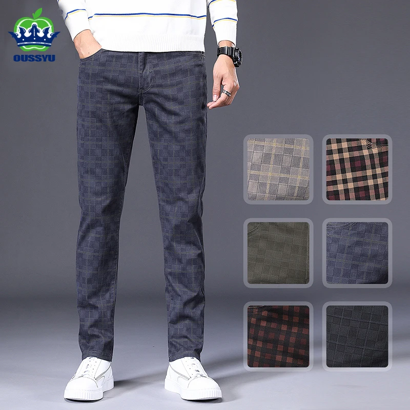 

OUSSYU Brand New Men's Slim Plaid Casual Pants Men High Quality 98% Cotton Stretch Classic Trousers Male Plus Size 28 38 40 42