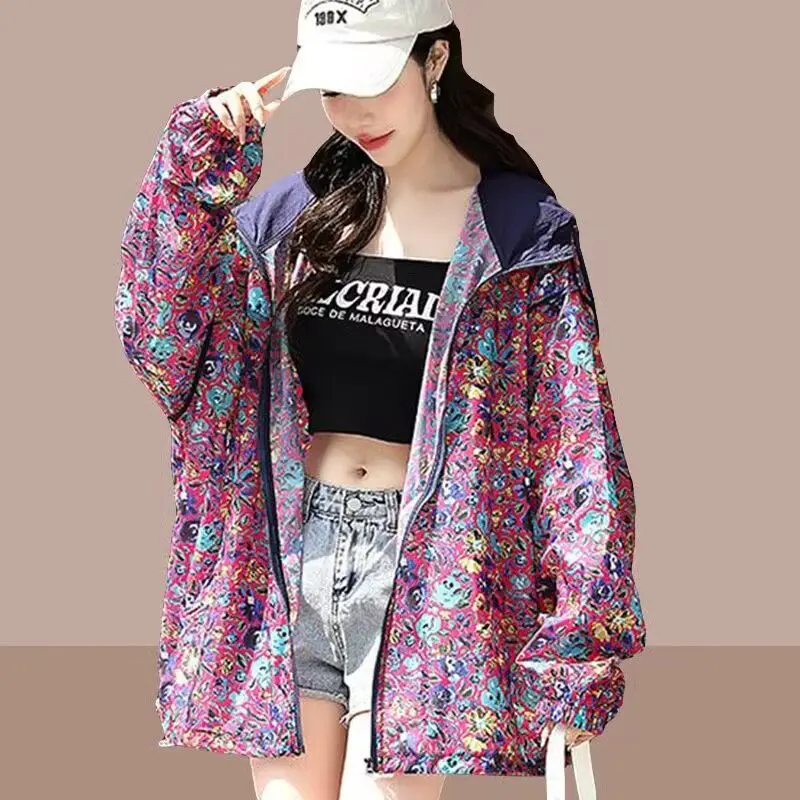 Prints Oversized Spring Summer Women Jacket Sweatshirt Sun Protection Clothing Long Sleeve Zipper Quick Dry Outdoor Outerwear