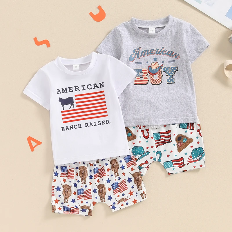 

2024-03-18 Lioraitiin 0-3Y Toddler Baby Boy 4th of July Outfits Short Sleeve Tops + Cow Print Shorts Set Western Clothes