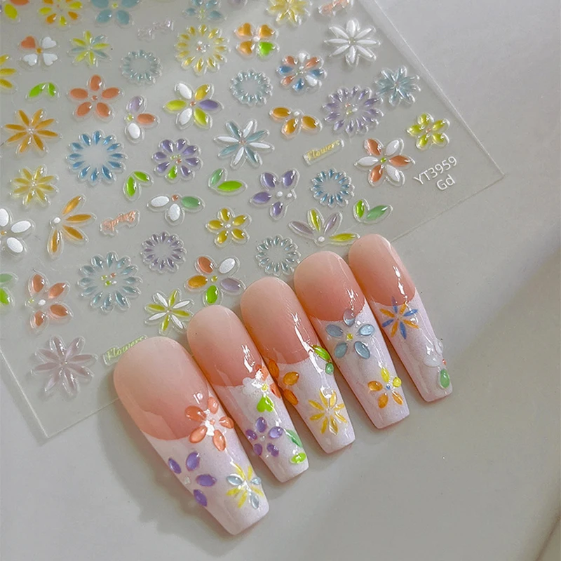 Colorful Flower Nail Sticker Relief 3D Jelly Five Petal Flower Nail Art Decoration Decals Diy Selfadhesive Sliders