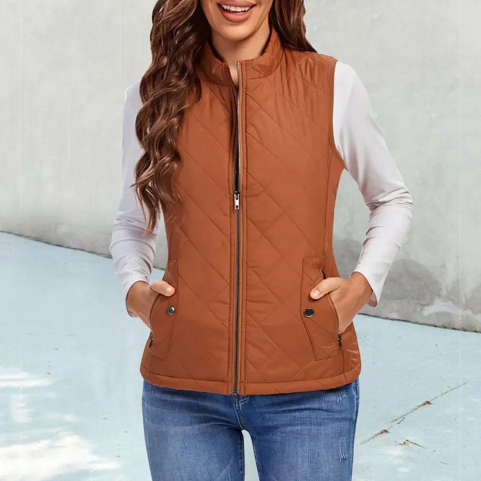 

Women Vest Sleeveless Coat Casual Autumn Warm Cotton Down Vest Cardigan With Pockets Thicken Zip Women'S Winter Vest