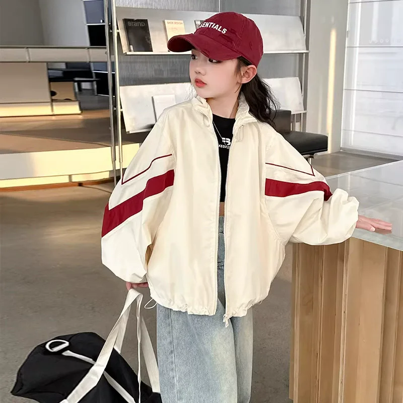 Autumn Kids Windbreaker Coats Girls Color Block Zipper Long Sleeve Outerwear Spring Teen Loose Casual Jackets 5-14Y  Yk129