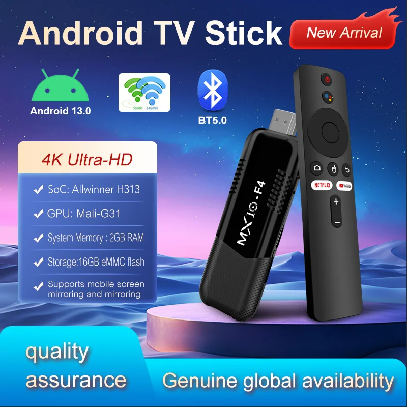 

2025 Новый медиаплеер MX10 F4 Android13.0 HDR10 для домашнего кинотеатра Stick Allwinner H313 BT5.0 Smart TV Stick Поддержка голосового управления