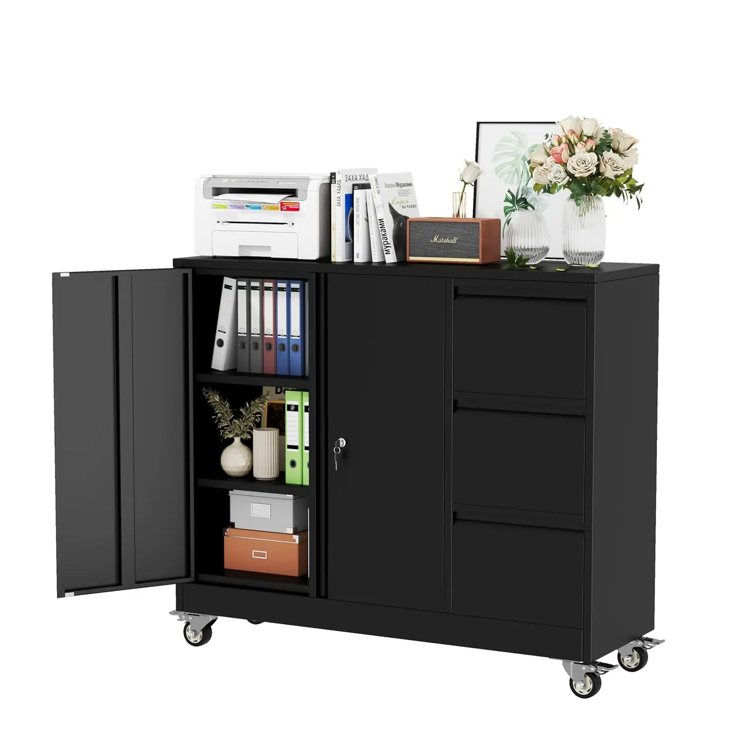 Mobile 3-Drawer Metal File Cabinet with Lock & Wheels, Rolling Printer Stand Storage for Office Home Garage, Customized