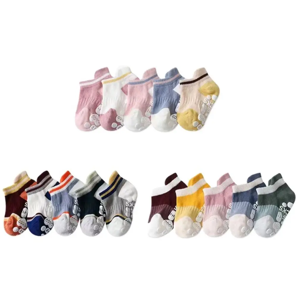 5Pairs العرق ماصة القطن الطفل جوارب يمكن السير بها على الأرض رسالة قصيرة أنبوب الاطفال الكاحل جورب عدم الانزلاق تنفس دارى المشي الجوارب هدية