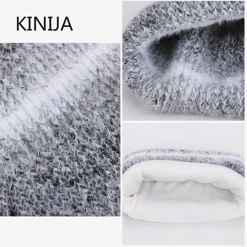 Winter Kappe Handschuhe Schal Set Frauen GradientColor Gestrickte Hut Verdickt Fleece Futter Schädeldecke Outdoor Radfahren Winddicht Mützen