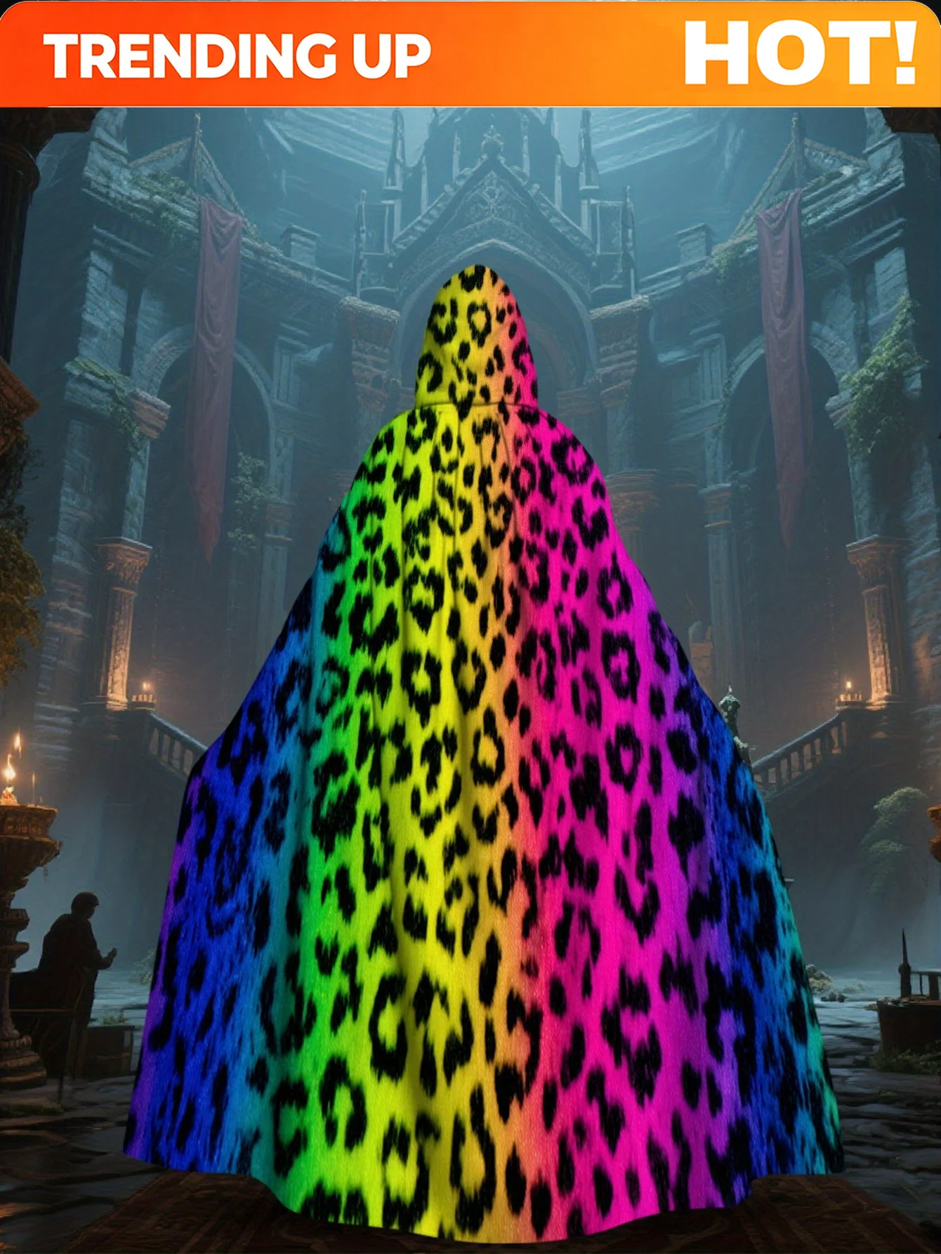 Customization 1pc A 2D Flat Printed Hooded Medieval Cape Made From 100% With A Leopard Rainbow Design, Perfect For Christmas And