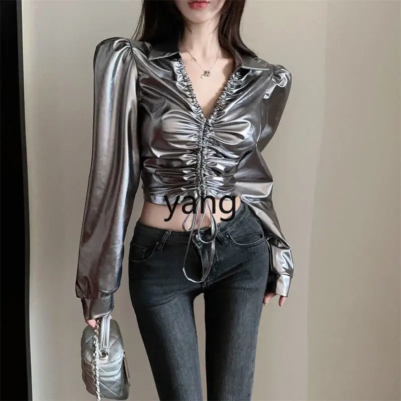LMM temperament lapel PU leather shirt women eat ball glossy drawstring folds slim short