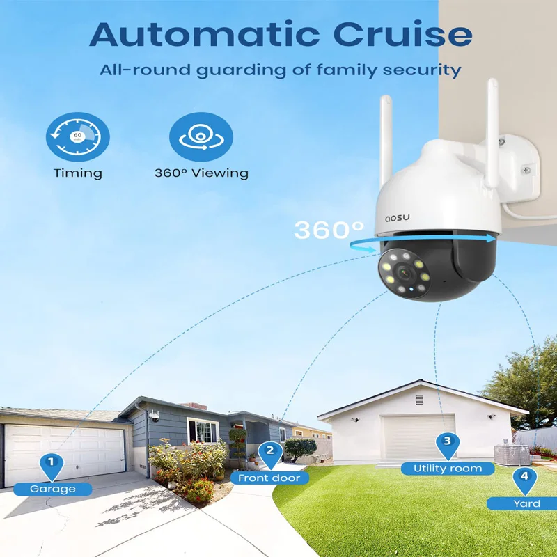 AOSU-Caméra de permission Extérieure PTZ Sans Fil, 3MP, Dispositif de Sécurité avec Vision Nocturne et Document de Communication Bidirectionnel