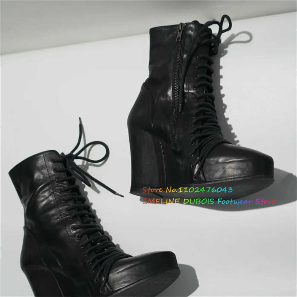 Black Pu Leather Wedge Heel Ankle Boot Women Round Toe Platform High Heel Cross Strap Side Zipper Trendy Daily Casual Boot