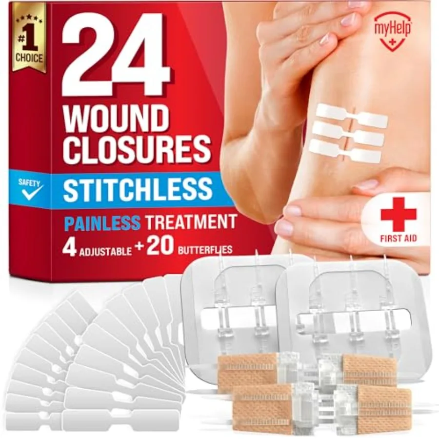 

Emergency Wound Closure Strips - 24pk - 3 Types Easy to Use Butterfly Bandages - l and Painl Laceration Closure Kit
