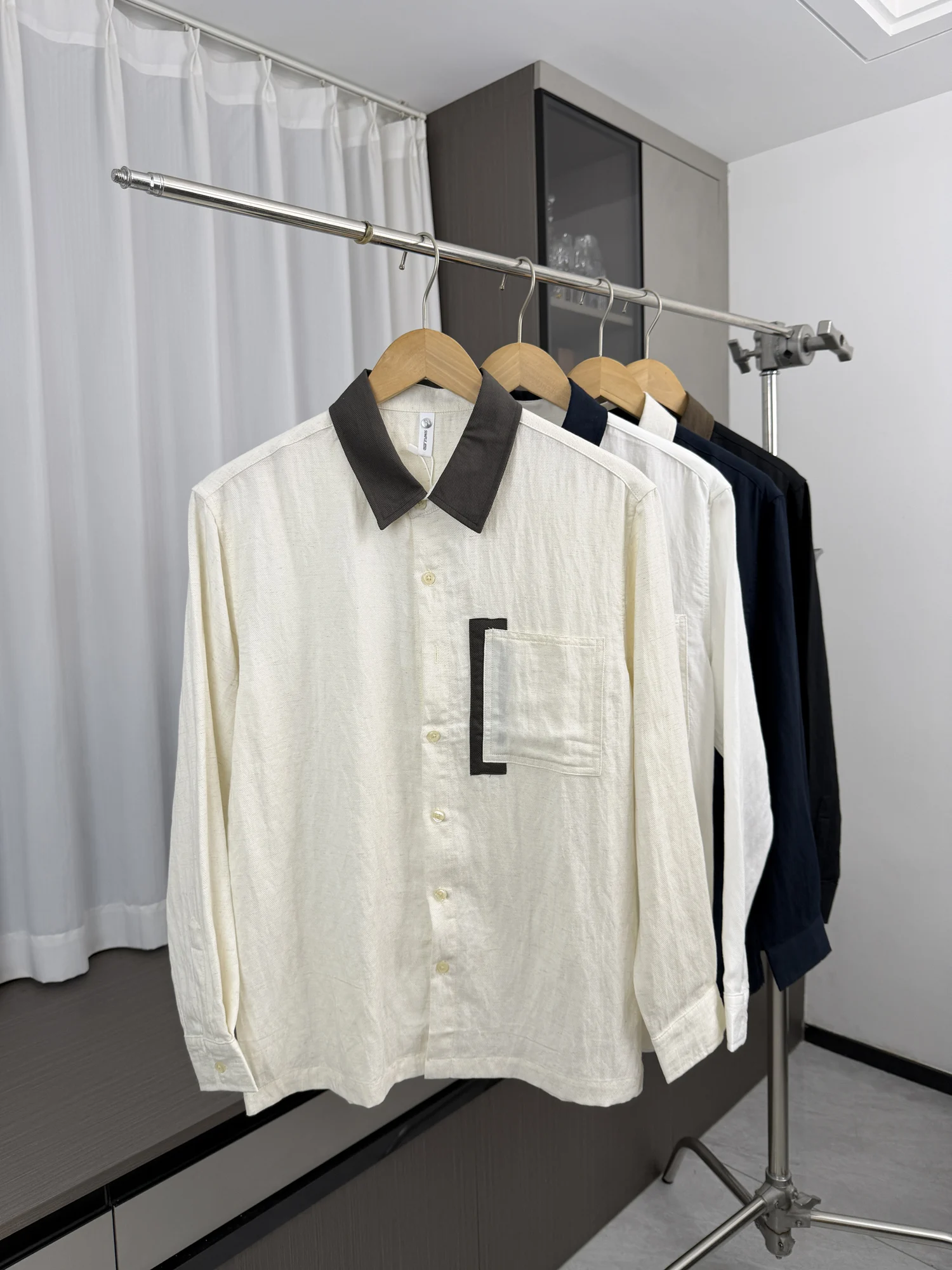 Linen Silk Mixed Long Sleeve Shirt Men's Casual Style Collar Stand up Autumn Fashion Textured Color Block Linen Laoqian Wind