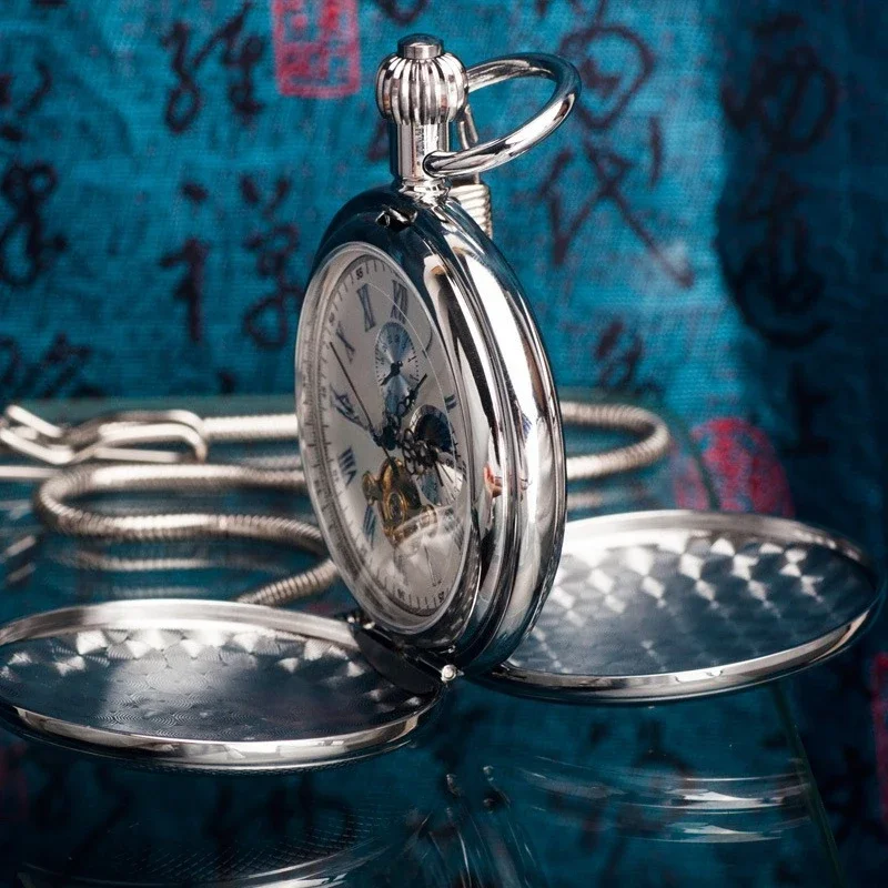 ساعة جيب مزدوجة مفتوحة من النحاس النقي، ميكانيكية كلاسيكية يدوية للرجال، حروف تذكارية لصور القرون الوسطى #3