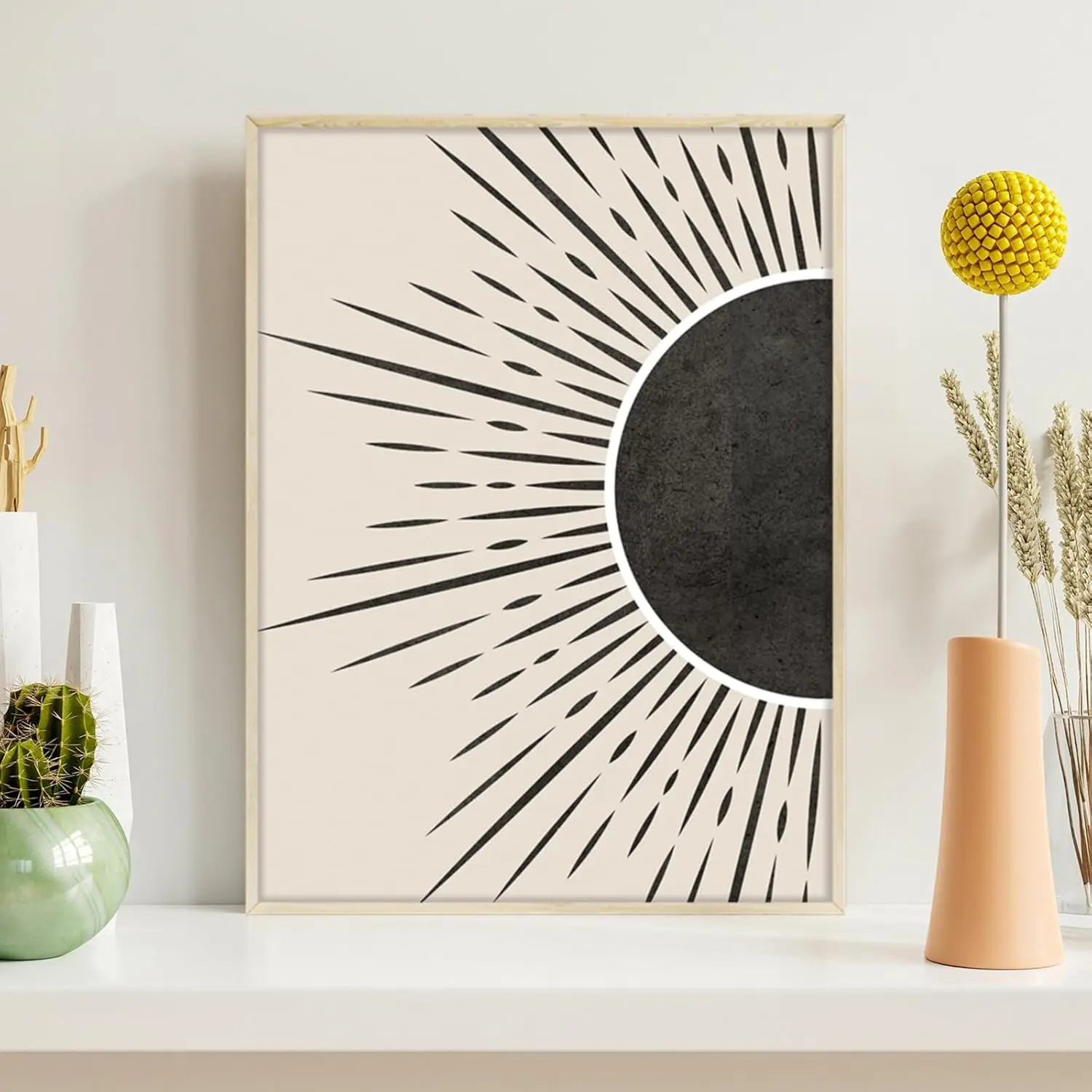 Serimino in bianco e nero Wall Art incorniciato, Boho Canvas Wall Art per soggiorno, Set di 2 stampe di pittura sole e luna per