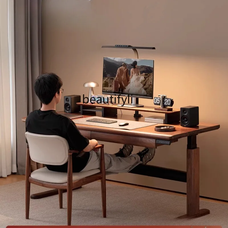 

North American Black Walnut Electric Desk Solid Wood Adjustable Electric Control Desk Smart Office Study Long Workbench