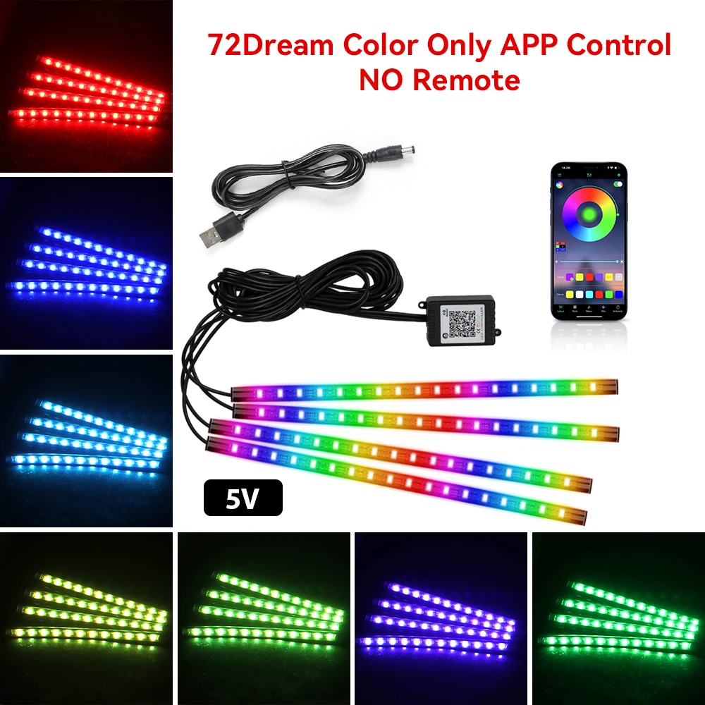 Neon 48 72 LED auto-interieur omgevingsvoetlicht met USB draadloze afstandsbediening muziek app-bediening auto RGB sfeer decoratieve lampen