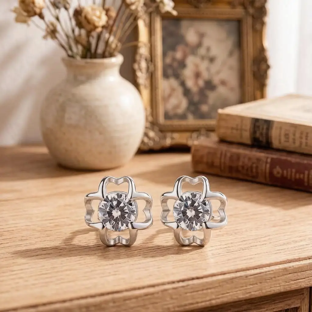 Delicate 925 Sterling Silver Flower Shape Crystal Cubic Zircon Stud Earrings  for Women Girls Wedding Party Fashion Jewelry Gift