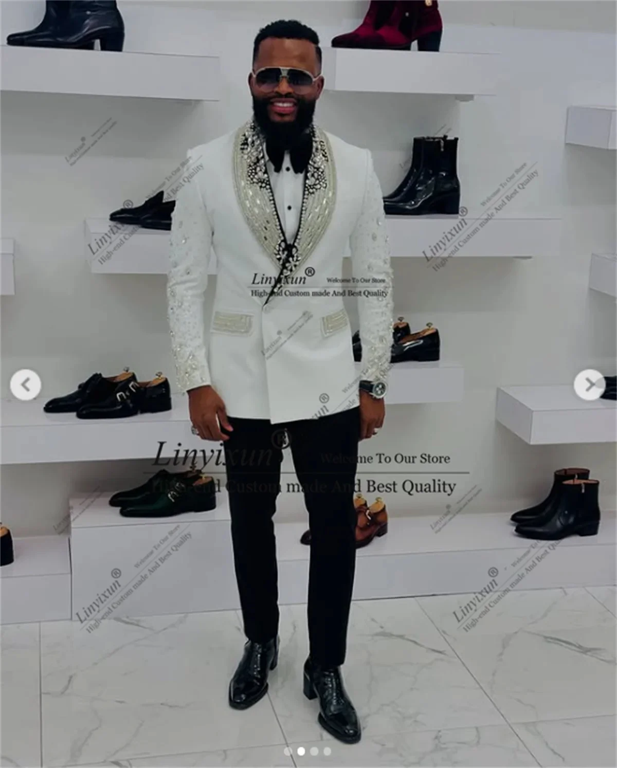 Sparkly Beaded Crystals Tuxedo Men Suits 2 Pieces Sets Wedding Groom Slim Prom Blazers Customized Double Breasted Costume Homme