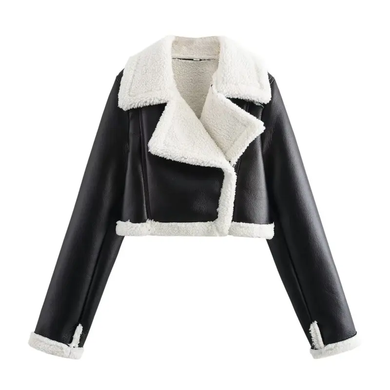 

Women’s Shearling Short Biker Jacket Coat Fashion Streetwear Warm Winter Outerwear