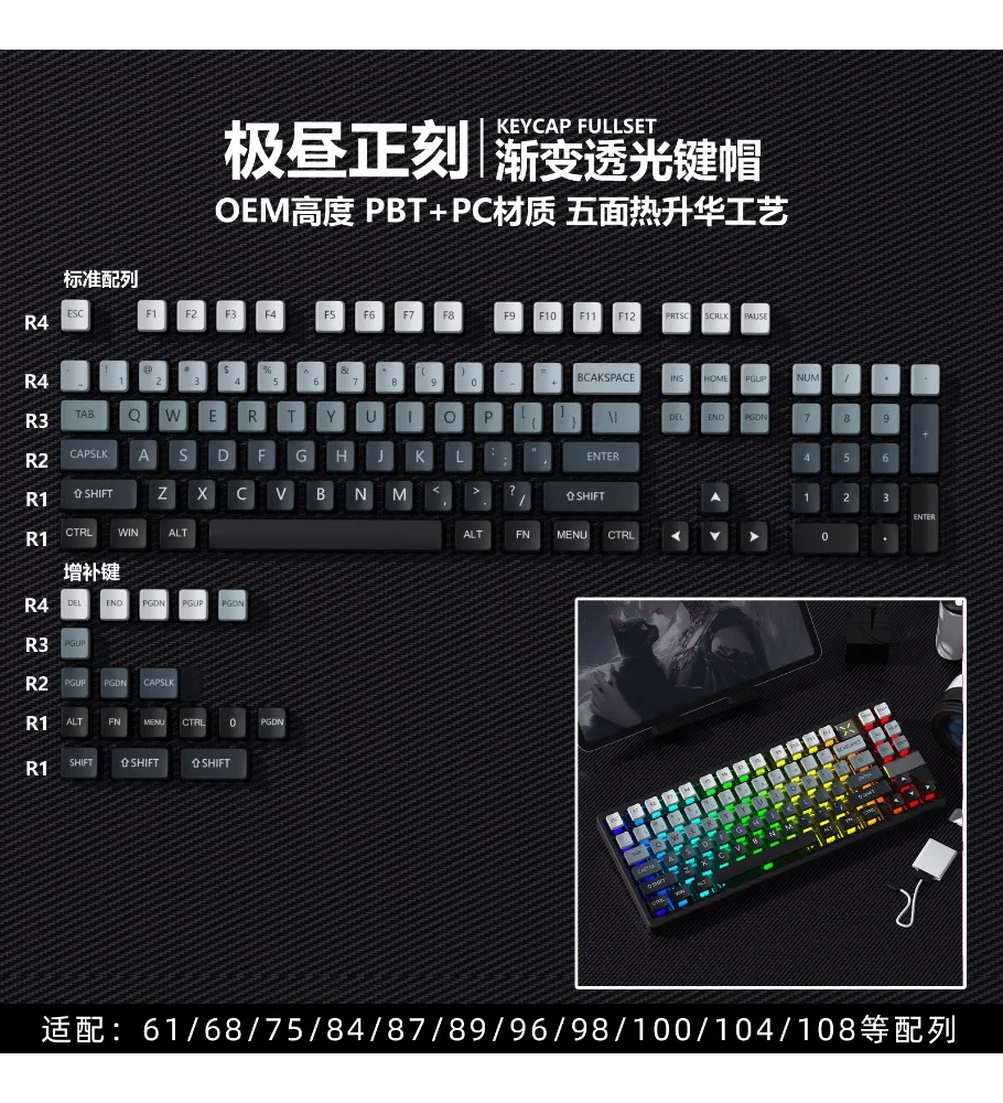 Keycap high value personalized adaptation mechanical keyboard polar day peach pink fog blue engraved PBT four-sided light